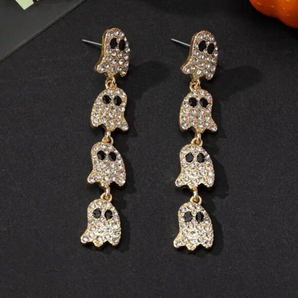 Rhinestone & Gold GHOST Spooky Dangle Halloween Earrings NEW - Picture 1 of 9